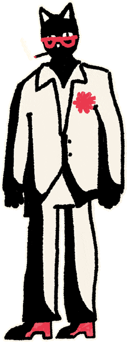 A black cat in a white suit and red glasses, smoking